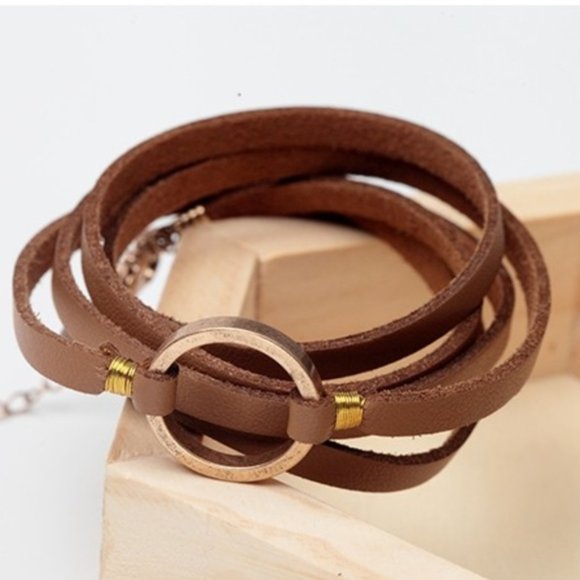 O Ring Leather Wrap Bracelet Brown - Picture 4 of 4